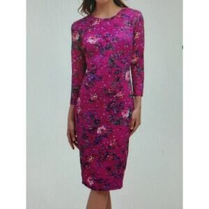 Women's KENSIE 3/4 Sleeve Knee Cocktail Sheath Dress Floral Pink Purple Sz 4